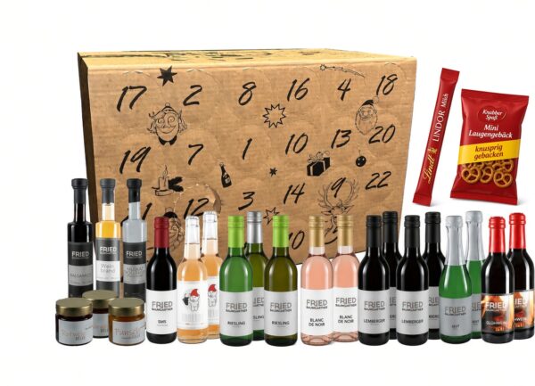 Fried Baumgärtner Genuss-Adventskalender 2026 mit Inhalt: Weine, Sekt, Glühwein, Brand, Gelee und Snacks