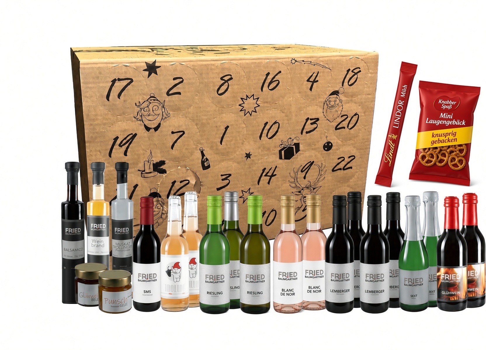 Genuss-Adventskalender 2026 von Weingut Fried Baumgärtner mit Inhalt: Weine, Sekt, Brände, Glühwein, Saftschorle, Gelees, Schokolade und Laugengebäck